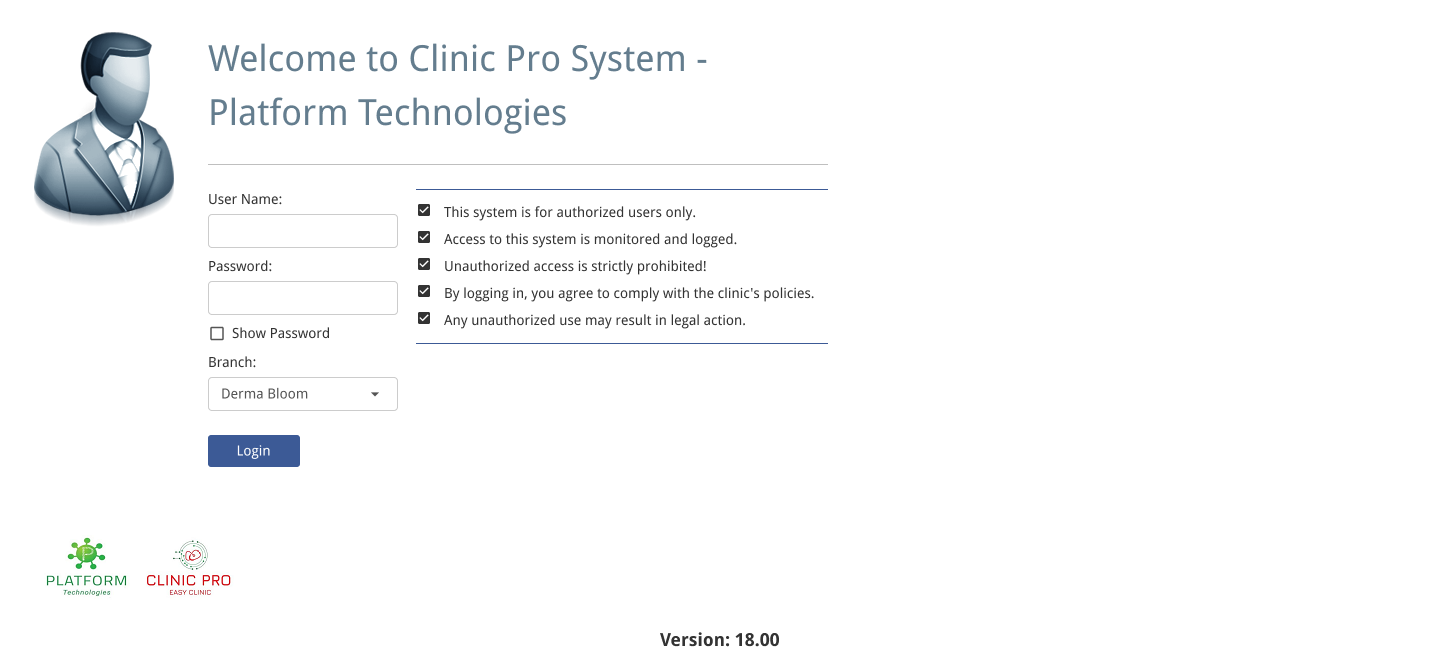 ClinicPro login screen